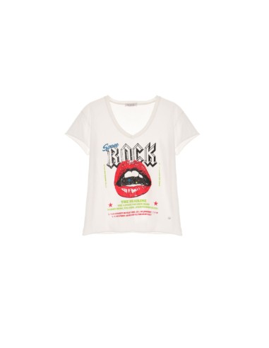 PLEASE FEMME TSHIRT A MANCHES COURTES ET COL V EN COTON BLANC AVEC PRINT ROCK