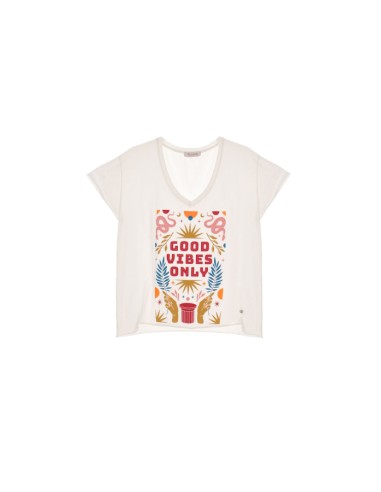 PLEASE FEMME TSHIRT A MANCHES COURTES ET COL V EN COTON BLANC AVEC PRINT GOOD VIBES