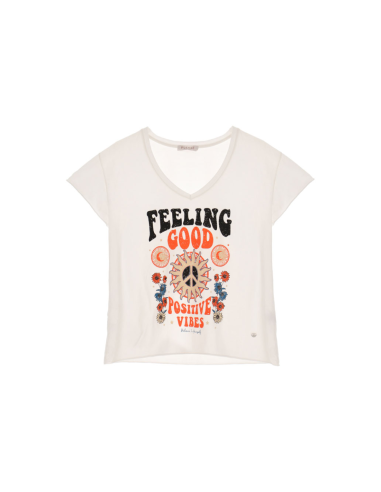 PLEASE FEMME TSHIRT A MANCHES COURTES ET COL V EN COTON BLANC AVEC PRINT GOOD FEELINGS