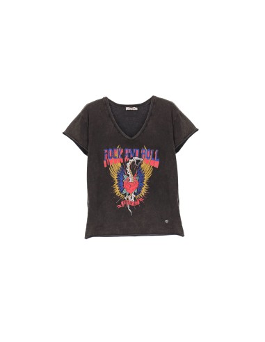PLEASE FEMME TSHIRT A MANCHES COURTES ET COL V EN COTON NOIR AVEC PRINT