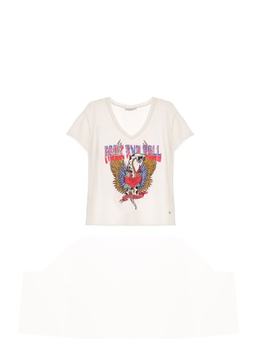 PLEASE FEMME TSHIRT A MANCHES COURTES ET COL V EN COTON BLANC AVEC PRINT