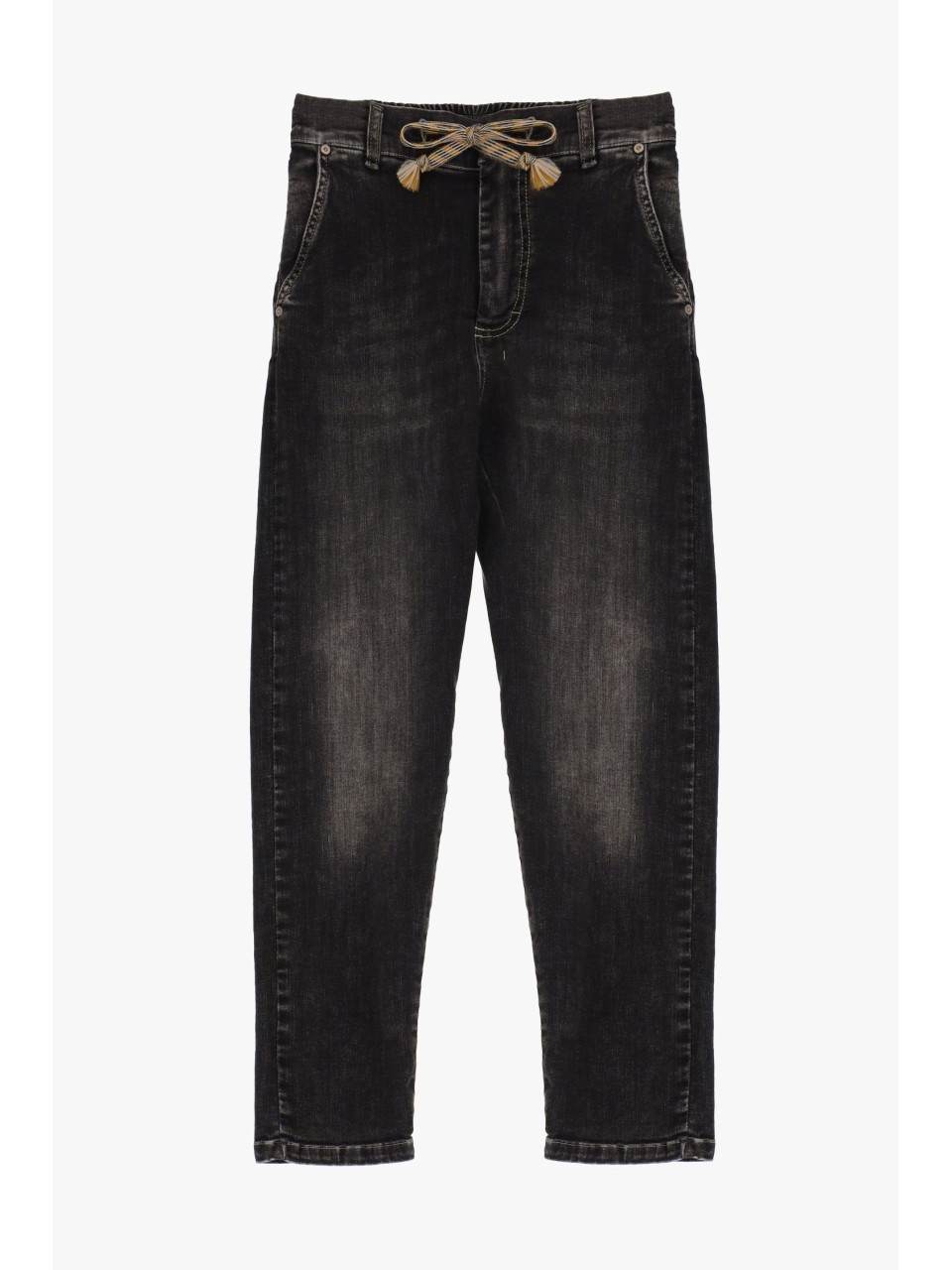 Please Femme jean charpentier a taille coulissee et dos elastique en denim noir delave