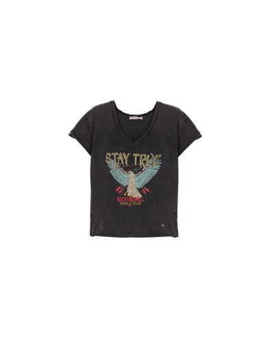 PLEASE FEMME TSHIRT A MANCHES COURTES ET COL V EN COTON NOIR AVEC PRINT