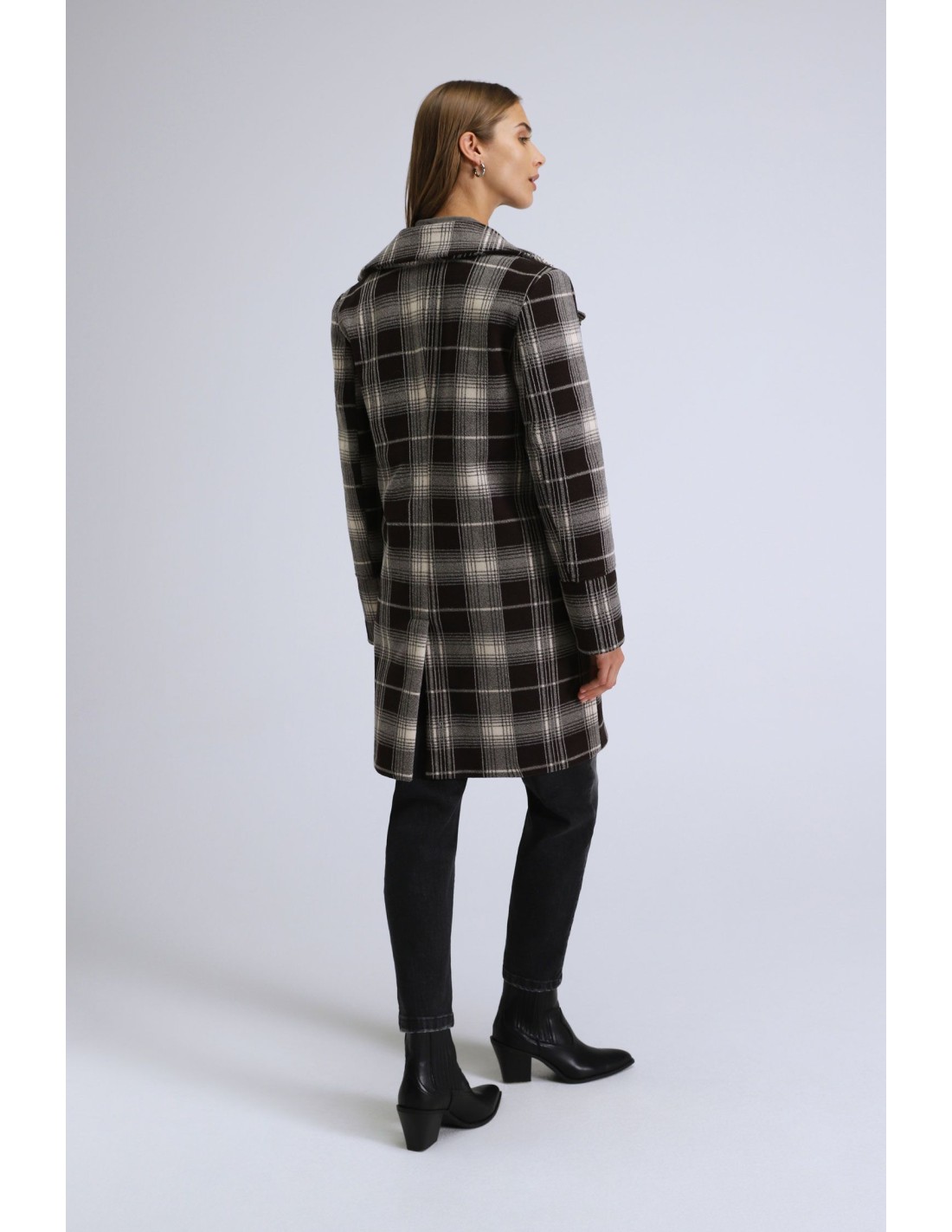Please Femme manteau court carreaux et fermture asymetrique