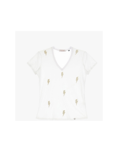 Please Femme tshirt a col V avec print "eclairs" en coton coloris bianco