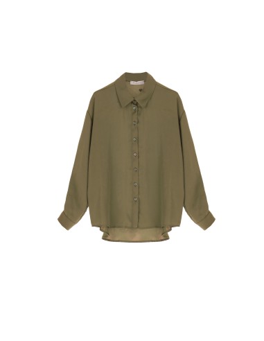 PLEASE FEMME CHEMISIER A MANCHES LONGUES ET COL POINTE EN CREPE SATIN COLORIS MILITARE