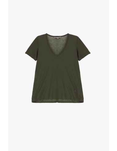 Please Femme tshirt basique à col pointe et manches courtes en coton coloris murky green (kaki)