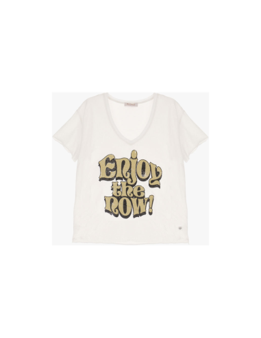 Please Femme tshirt a col V avec print "enjoy" en coton et finitions roulottées coloris blanc