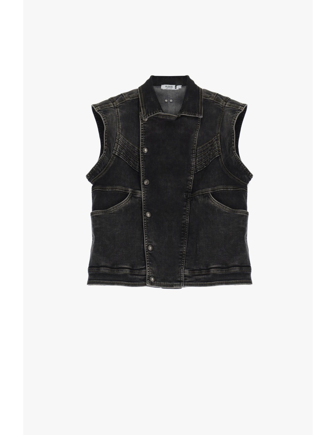 Please Femme blouson en jean noir sans manches a fermeture asymetrique