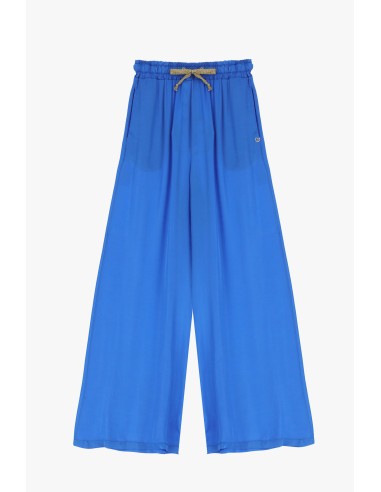 Please femme pantalon forme palazzo a taille coulissée en satin coloris bleu royal