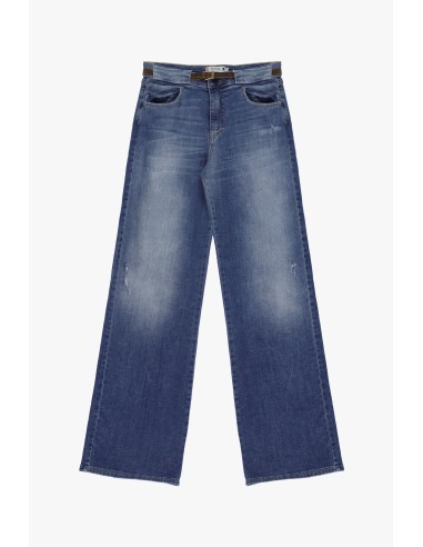 Please femme jean droit semi-large ceinture intégrée denim bleu medium abrasions