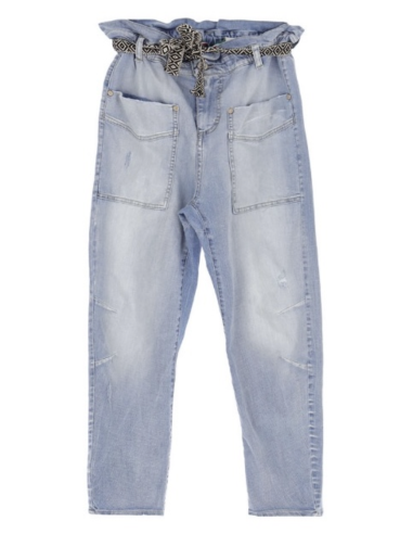 Please Femme jean taille haute nouée paper-bag en denim bleu clair délavé et sablé