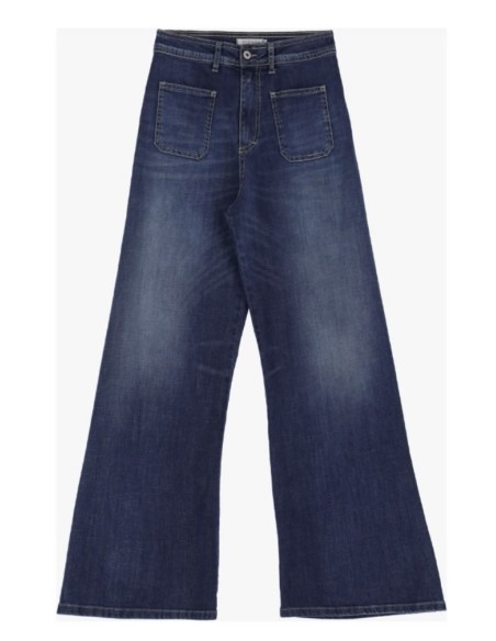 Please Femme jean flare à poches plaquées en denim stretch délavage bleu moyen