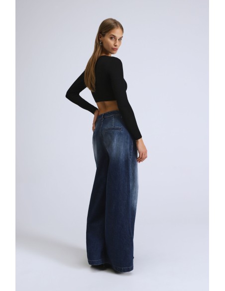 Please femme jean patte d'elephant en denim bleu moyen
