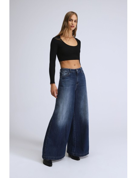 Please femme jean patte d'elephant en denim bleu moyen