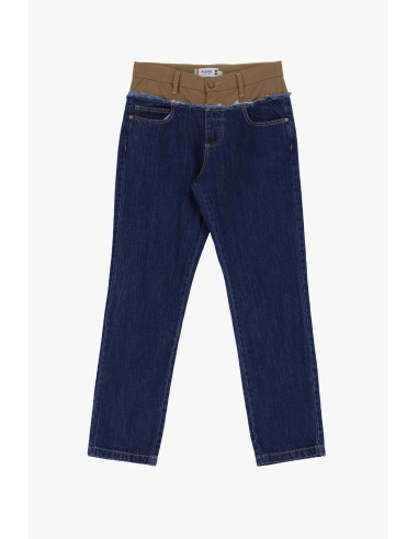 Please Femme pantalon jean en denim foncé bi-matière taille poly/viscose coloris biscotto