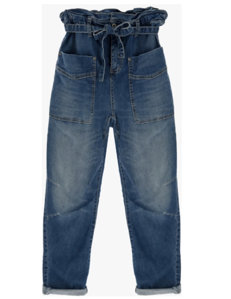 Please Femme jean taille haute nouée paper-bag en denim bleu delavage medium