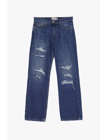 Please femme jean mom fit forme regular en denim bleu moyen avec déchirures
