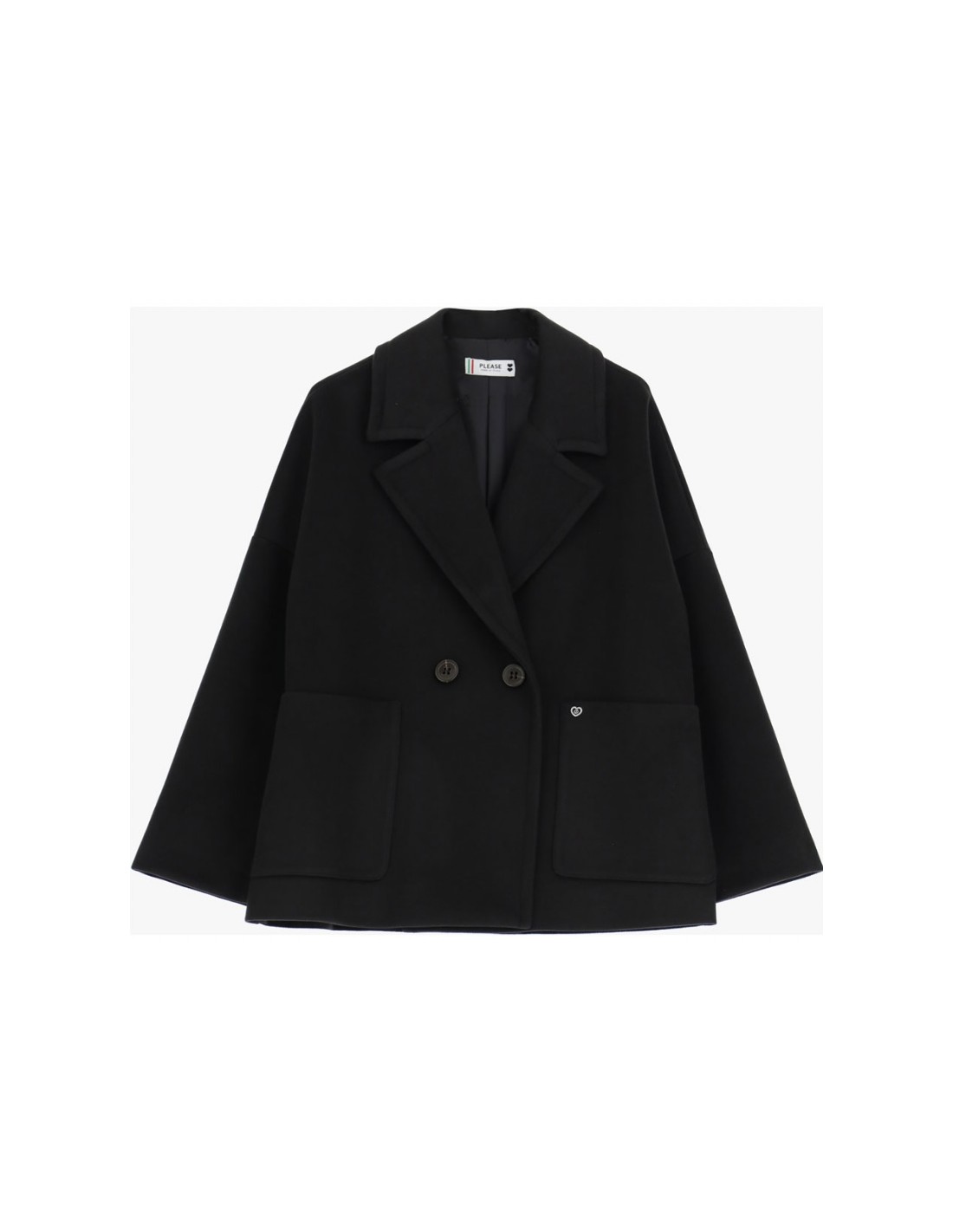 Please Femme manteau court croise oversized en drap coloris noir