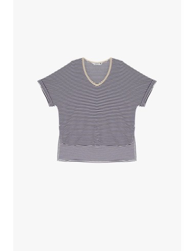 Please Femme T-shirt à rayures et bordure col V pailletée