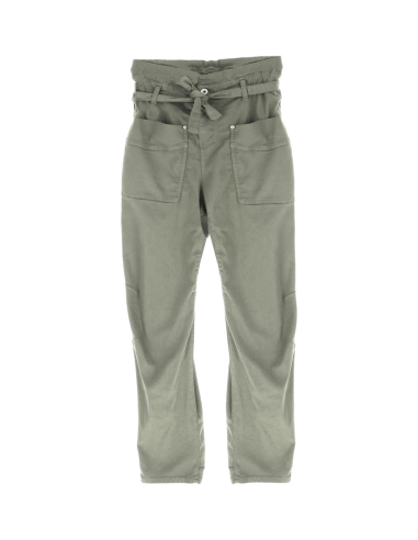 PLEASE FEMME PANTALON FORME BALLOON A TAILLE PAPER BAG EN GABARDINE DE COTON STRTECH COLORIS MILITARE