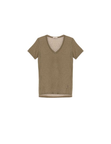 PLEASE FEMME TSHIRT A PAILLETTES A COL V EN VISCOSE ET LUREX COLORIS KAKI/ORO