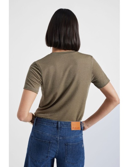 Please Femme tshirt à manches courtes en viscose et lurex effet pailletté coloris kaki/or