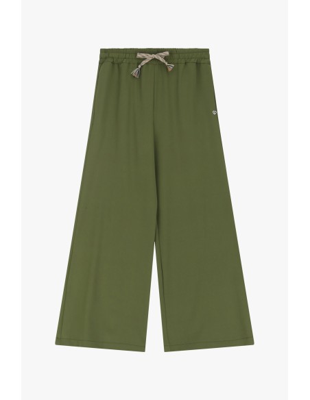 Please Pantalon Large forme Palazzo en crepe fluide Kaki