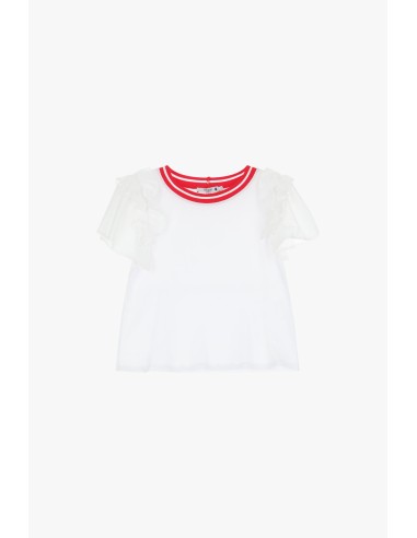 Please Tshirt Blanc col rond avec manches à Volants