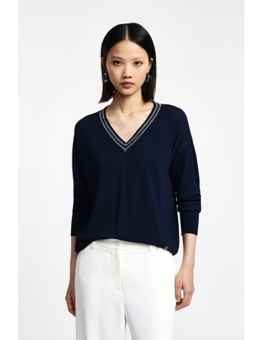 Please Pull Col V et Manches longues coloris Bleu Marine