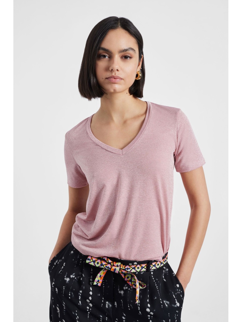 Please tshirt Rose à manches courtes effet pailletté