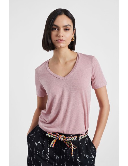 Please tshirt Rose à manches courtes effet pailletté