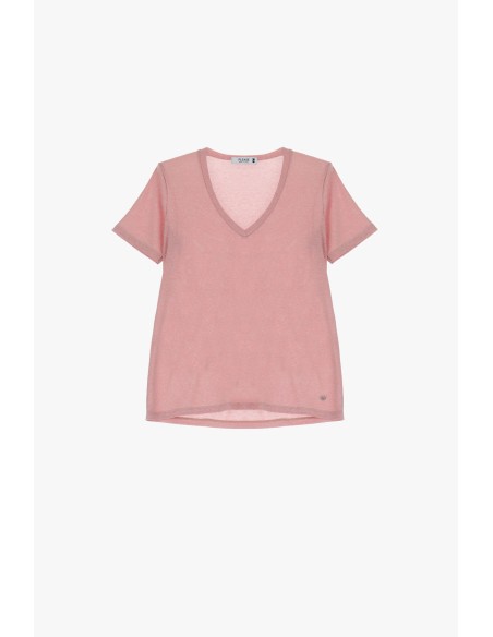 Please tshirt Rose à manches courtes effet pailletté