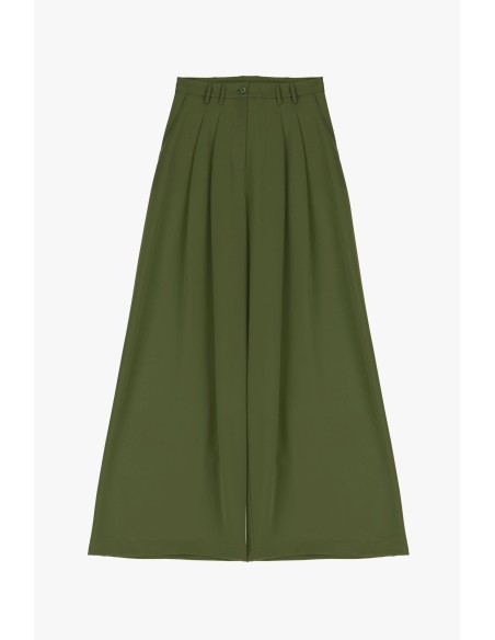 Please Pantalon Kaki à doubles pinces et jambes évasées en crêpe