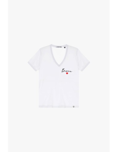 Please Femme t-shirt blanc col V print "Bisou"