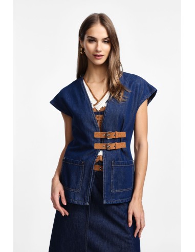 Please Femme Gilet en Jean à Sangles
