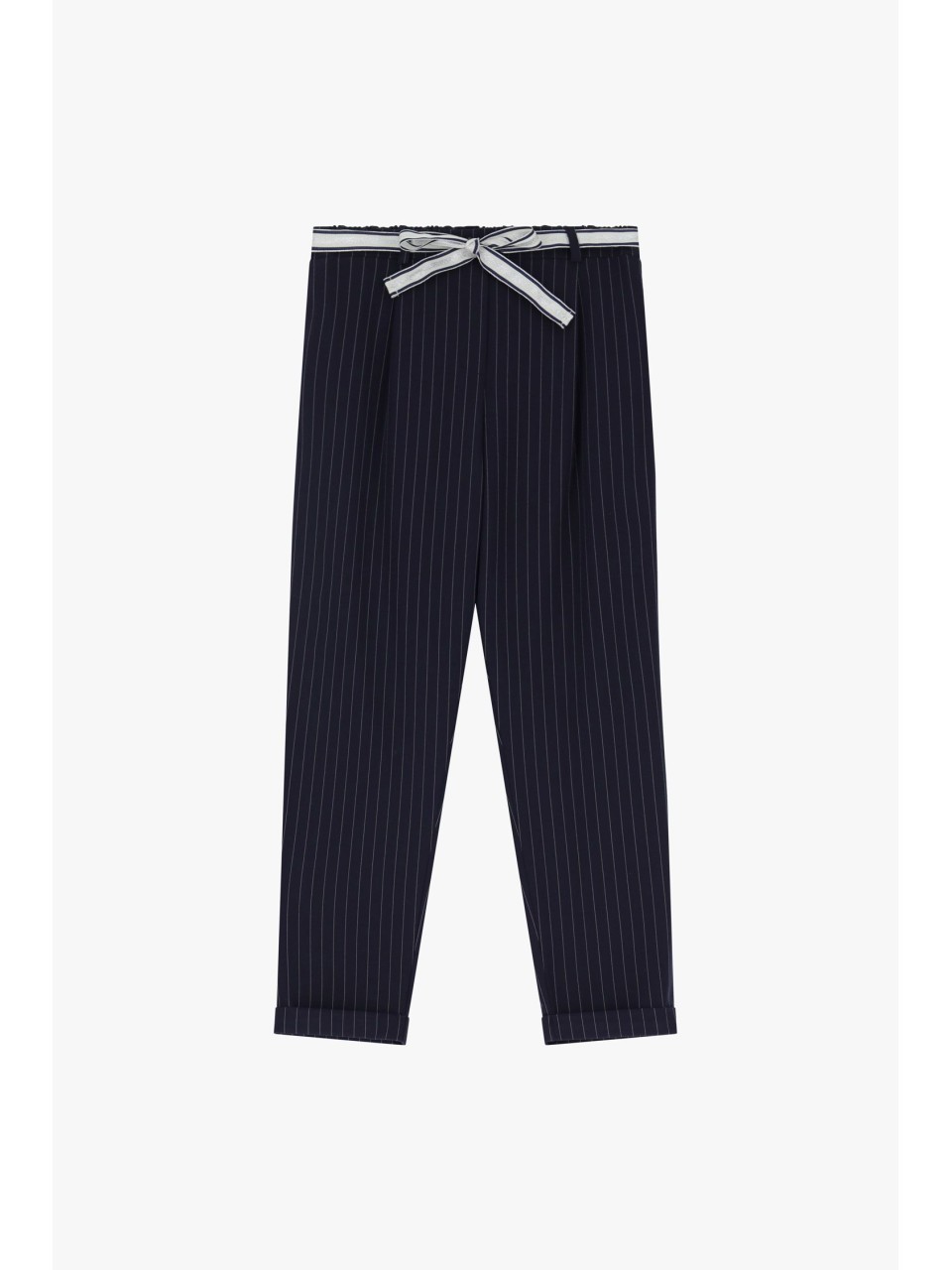 Please Pantalon Fluide en crepe bleu marine rayé