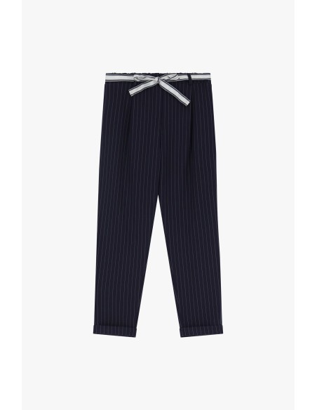 Please Pantalon Fluide en crepe bleu marine rayé