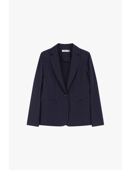 Please femme blazer de tailleur en crêpe fluide bleu marine rayé