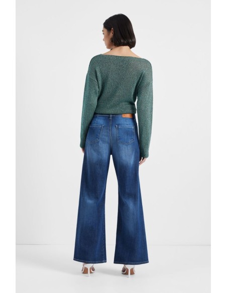 Please Femme jean flare à poches plaquées en denim stretch délavage bleu clair