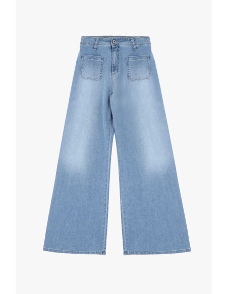 Please Femme jean flare à poches plaquées en denim stretch délavage bleu clair