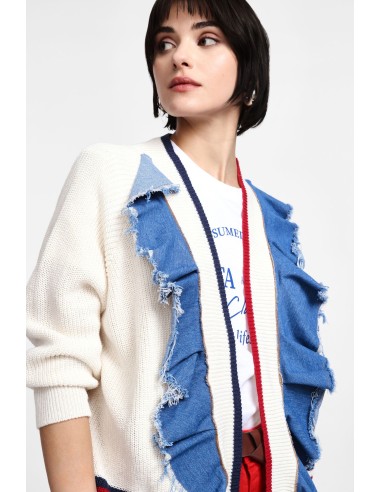 Please Gilet en maille ecrue et volants denim