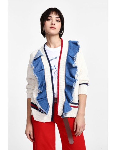 Please Gilet en maille ecrue et volants denim