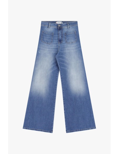 Please Femme jean flare à poches plaquées en denim stretch délavage bleu clair