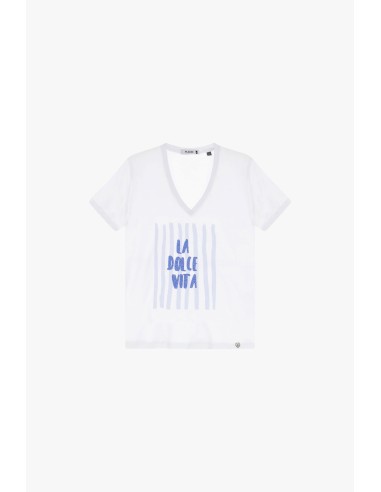 Please Femme t-shirt blanc col V print "Dolce Vita"