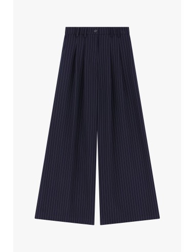 Please Pantalon bleu marine rayé à doubles pinces et jambes évasées en crêpe