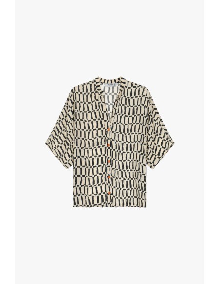 Please Chemisier Kimono Imprimée Beige et Noir