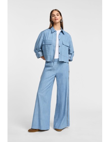 Please Pantalon Palazzo en chambray avec Piping bicolore
