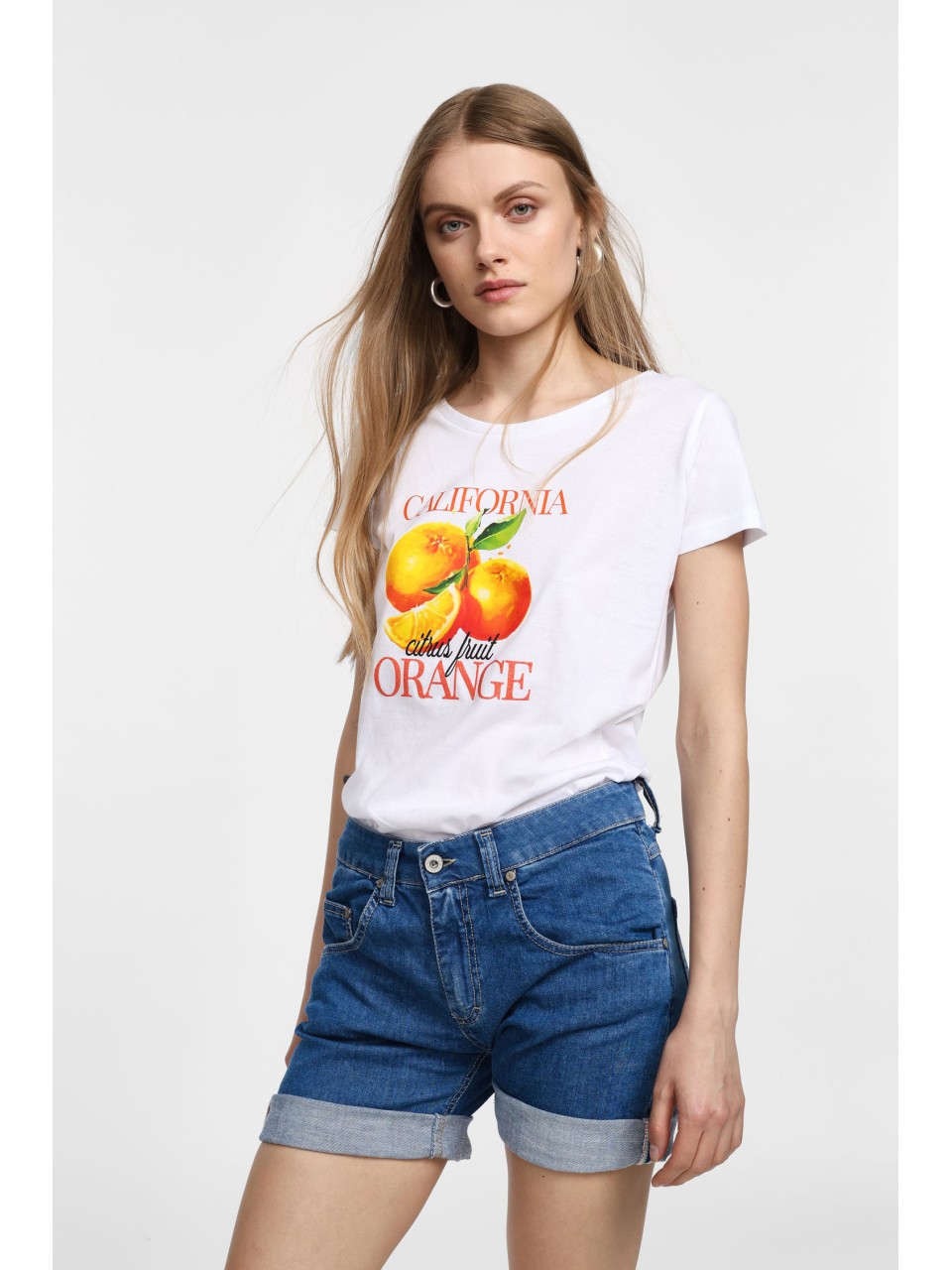Please Femme t-shirt blanc col rond print "oranges"