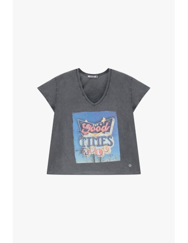 Please tee-shirt col V coloris Noir stoné